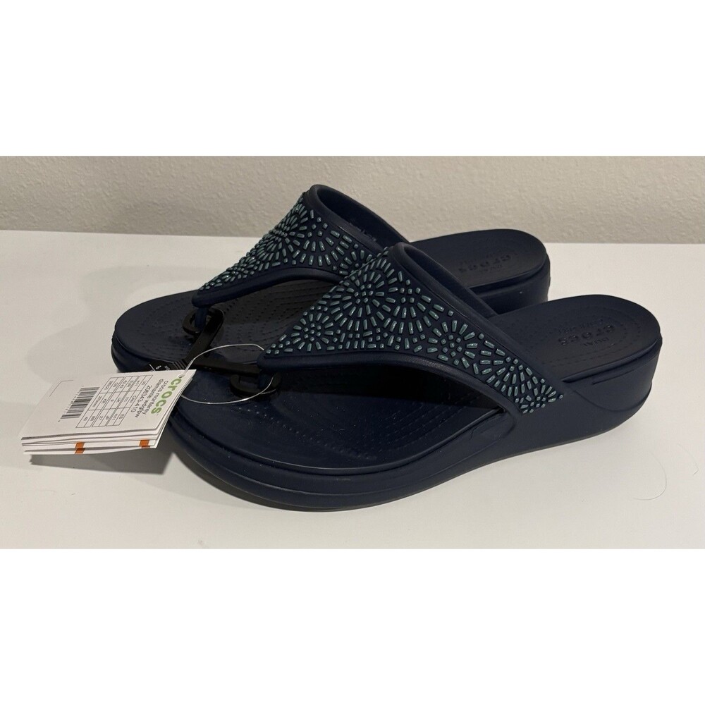 Crocs Women’s Monterey Diamante Blue Wedge Heel Thong Sandals Sz 11 NEW
